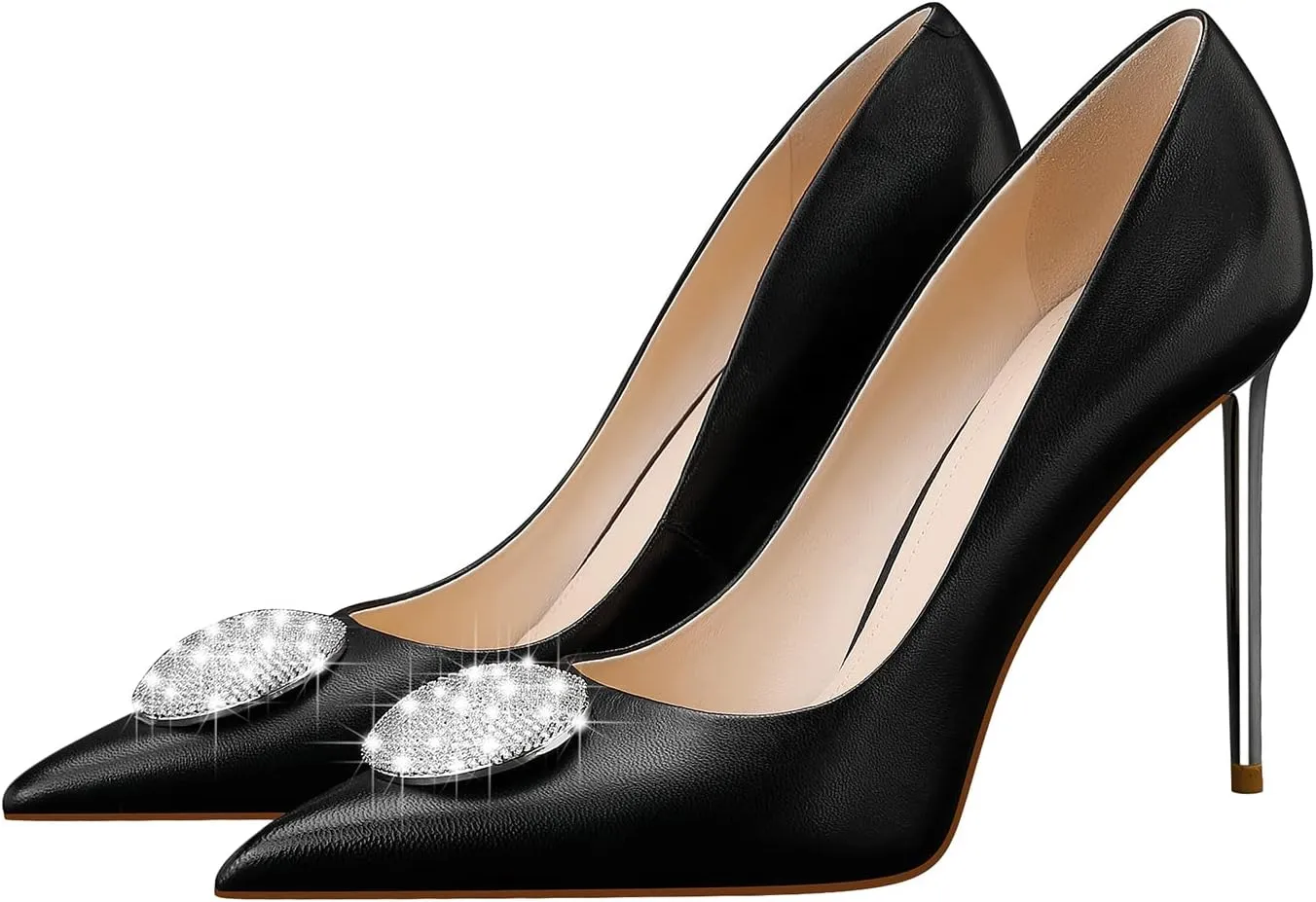 Women's High Stiletto Heel, Leather Pumps Rhinestones 105mm Heels Closed Pointed Toe Slip On Pump Wedding Party Dress Shoes