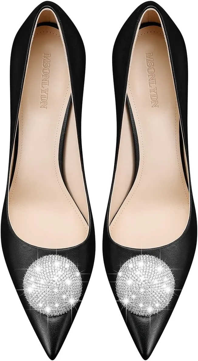 Women's High Stiletto Heel, Leather Pumps Rhinestones 105mm Heels Closed Pointed Toe Slip On Pump Wedding Party Dress Shoes