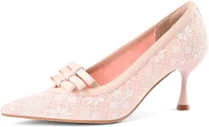 Women's Kitten Heel Pumps Closed Pointed Toe Mesh Lace Heels Sexy Pointy Stiletto Bow Pump Slip on Comfortable Heeled Sandals Wedding Dress Shoes
