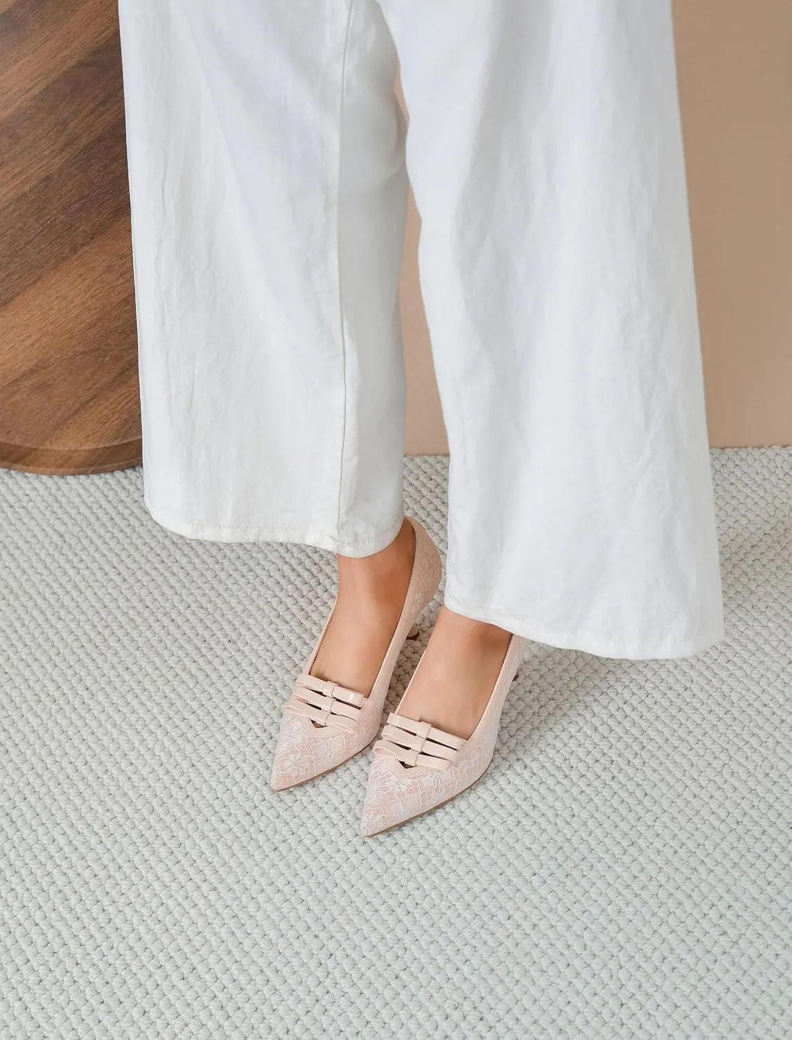 Women's Kitten Heel Pumps Closed Pointed Toe Mesh Lace Heels Sexy Pointy Stiletto Bow Pump Slip on Comfortable Heeled Sandals Wedding Dress Shoes