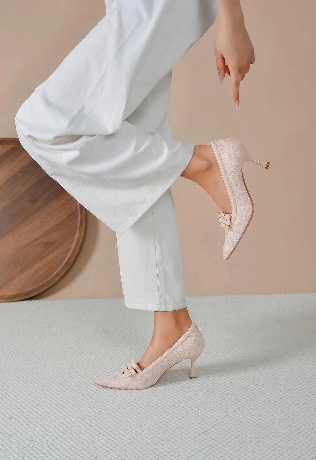 Women's Kitten Heel Pumps Closed Pointed Toe Mesh Lace Heels Sexy Pointy Stiletto Bow Pump Slip on Comfortable Heeled Sandals Wedding Dress Shoes