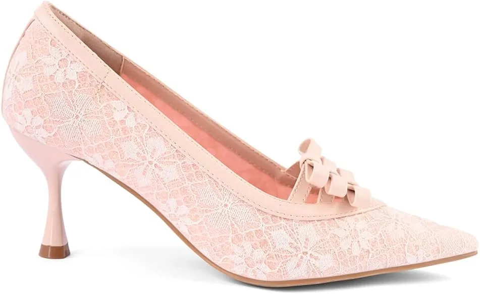Women's Kitten Heel Pumps Closed Pointed Toe Mesh Lace Heels Sexy Pointy Stiletto Bow Pump Slip on Comfortable Heeled Sandals Wedding Dress Shoes