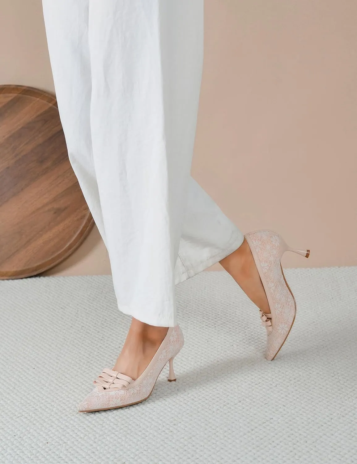 Women's Kitten Heel Pumps Closed Pointed Toe Mesh Lace Heels Sexy Pointy Stiletto Bow Pump Slip on Comfortable Heeled Sandals Wedding Dress Shoes
