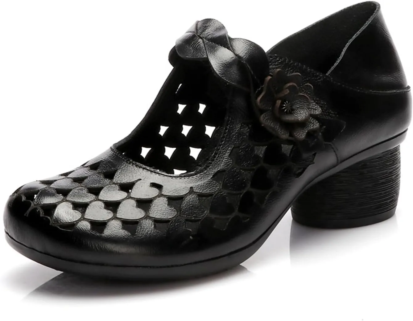 Women's Leather Hollow Chunky Heel Mary Janes Casual Round Toe Hook and Loop Soft Non-Slip Dress Pumps Comfort Flower Evening Dating Sandals