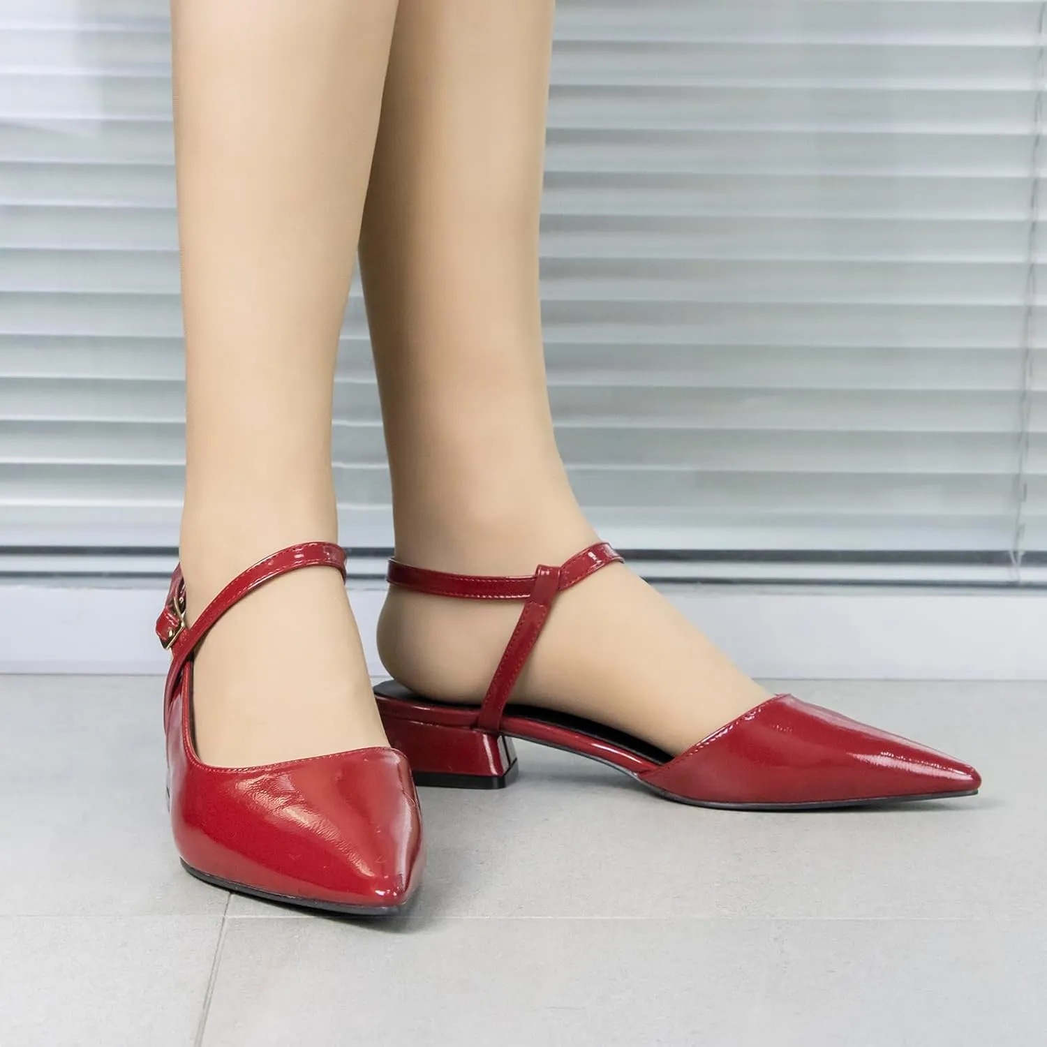 Women's Low Chunky Block Pointed Toe Slingback Heels Cross Ankle Strap, Red Closed Toe Strappy Pumps for Women Comfortable, Sexy Party Work Dress Prom Shoes