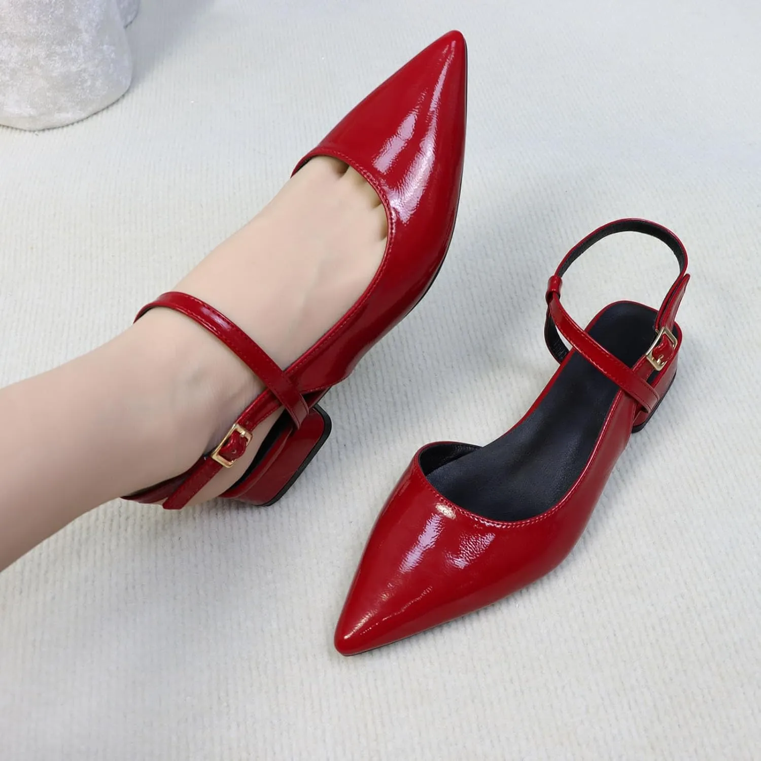 Women's Low Chunky Block Pointed Toe Slingback Heels Cross Ankle Strap, Red Closed Toe Strappy Pumps for Women Comfortable, Sexy Party Work Dress Prom Shoes
