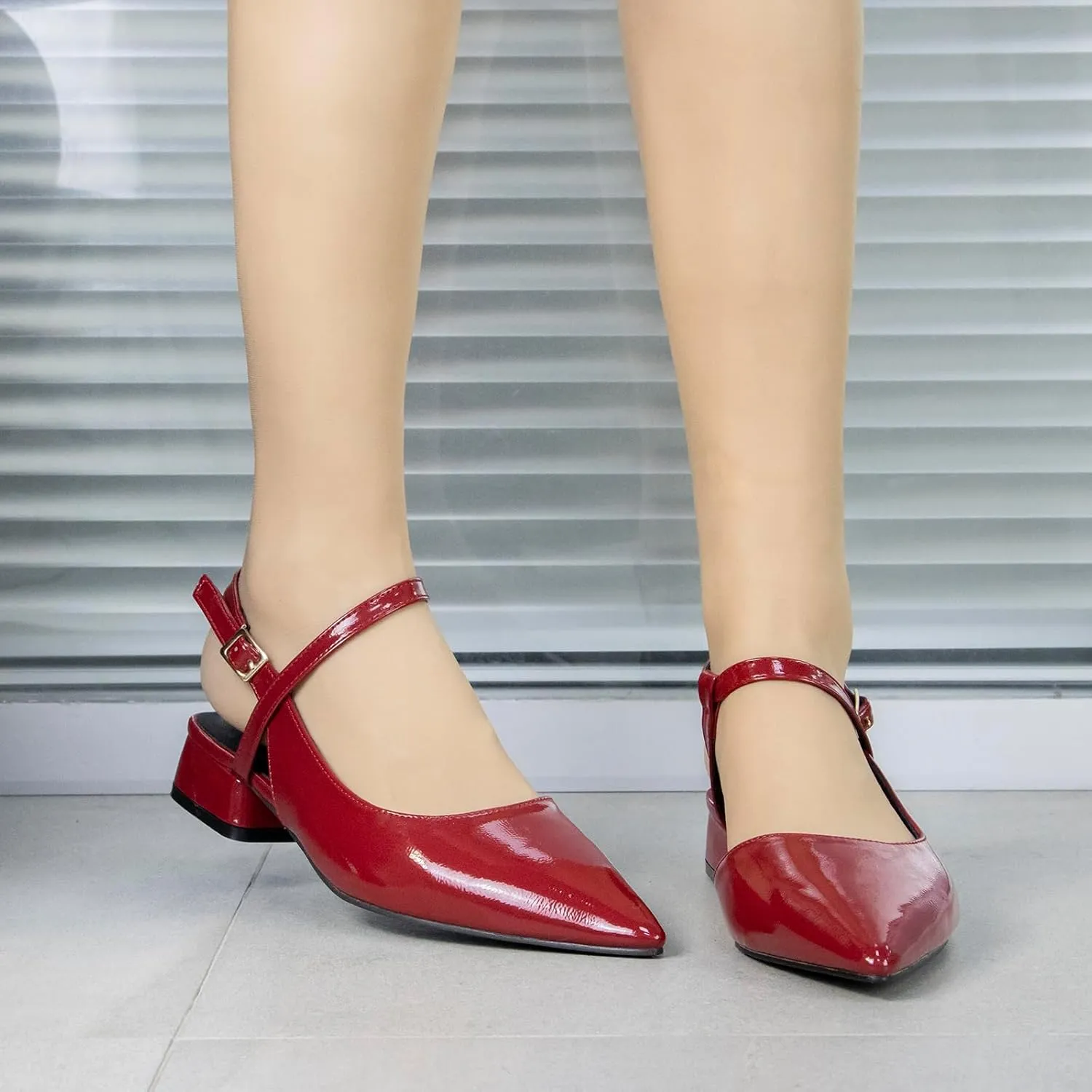 Women's Low Chunky Block Pointed Toe Slingback Heels Cross Ankle Strap, Red Closed Toe Strappy Pumps for Women Comfortable, Sexy Party Work Dress Prom Shoes