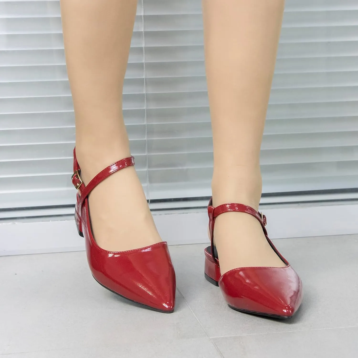 Women's Low Chunky Block Pointed Toe Slingback Heels Cross Ankle Strap, Red Closed Toe Strappy Pumps for Women Comfortable, Sexy Party Work Dress Prom Shoes