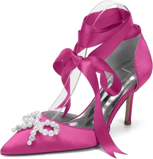 Women's Pearl High Heels Wedding Shoes for Bride Ribbon Tie Stiletto Heels Pointed Toe Party Dress Shoes