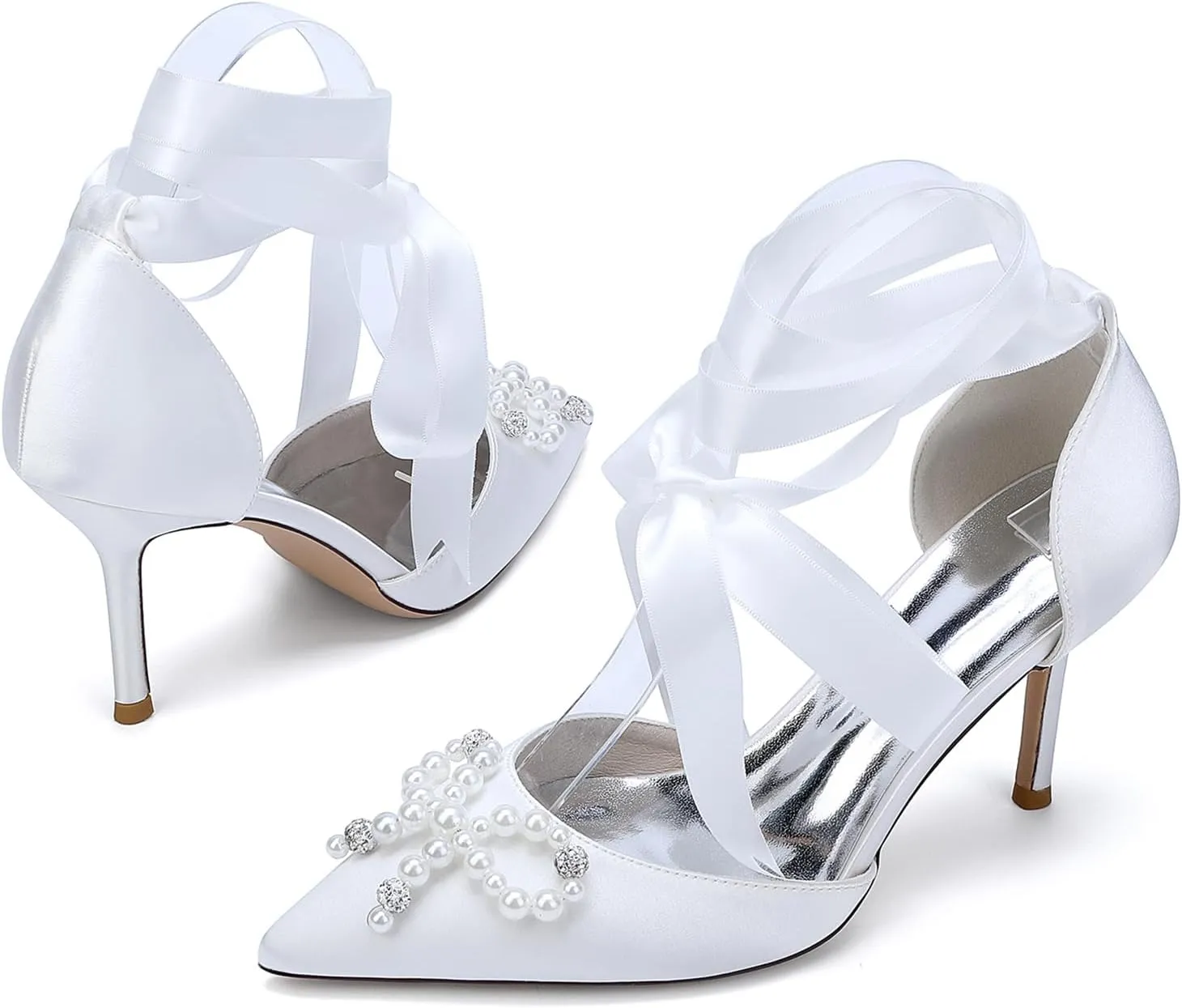 Women's Pearl High Heels Wedding Shoes for Bride Ribbon Tie Stiletto Heels Pointed Toe Party Dress Shoes