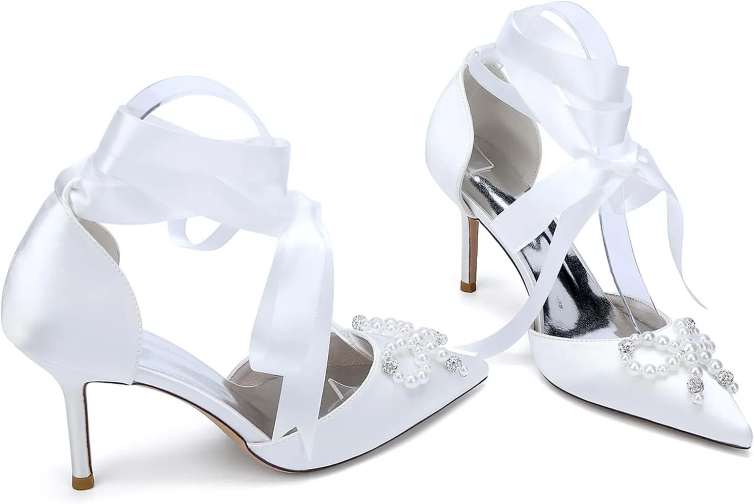 Women's Pearl High Heels Wedding Shoes for Bride Ribbon Tie Stiletto Heels Pointed Toe Party Dress Shoes