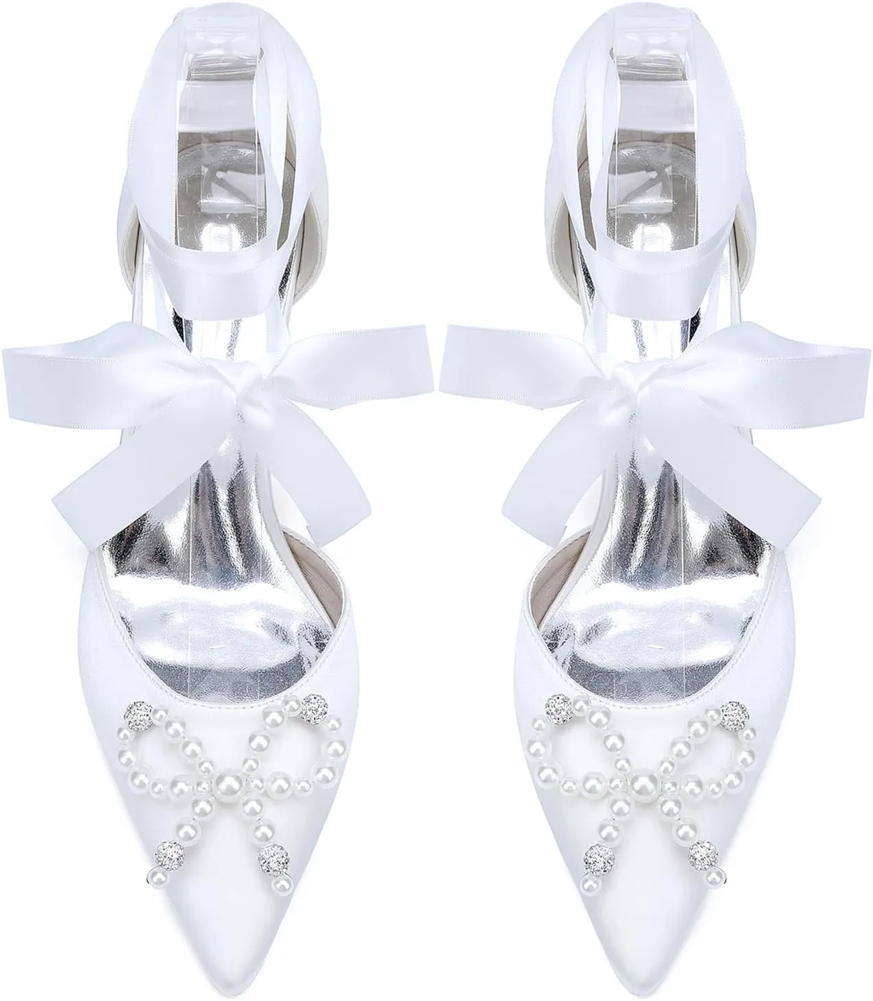 Women's Pearl High Heels Wedding Shoes for Bride Ribbon Tie Stiletto Heels Pointed Toe Party Dress Shoes
