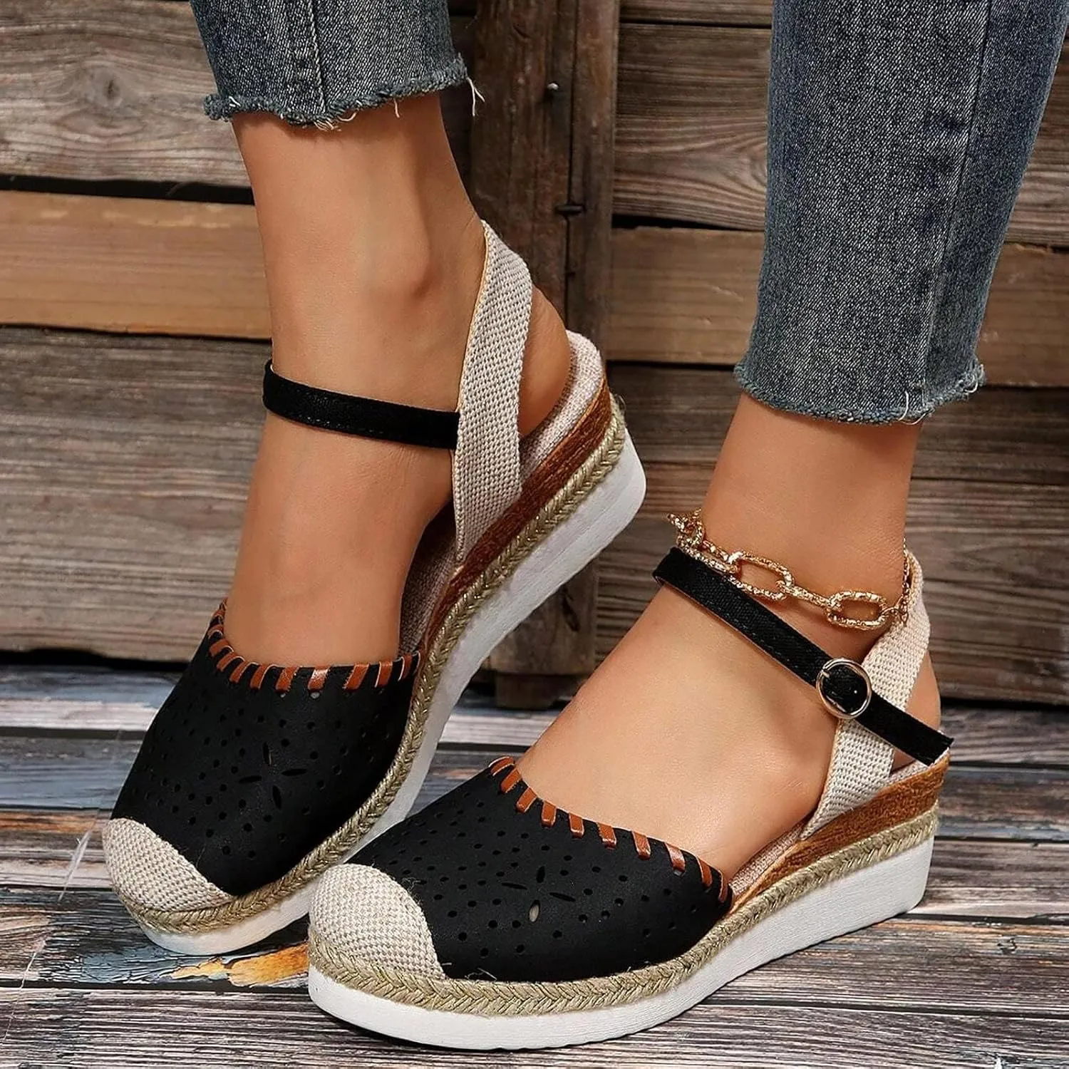 Women's Platform & Wedge Sandals Summer Closed Toe Hollow Out Orthopedic Shoes Comfort Breathable Slip On Summer Sandals with Adjustable Buckle Ankle Strap