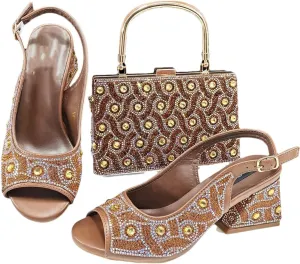 Women’S Rhinestone Open Toe High Heels and Matching Bag Set with Strange Heel Design for Party