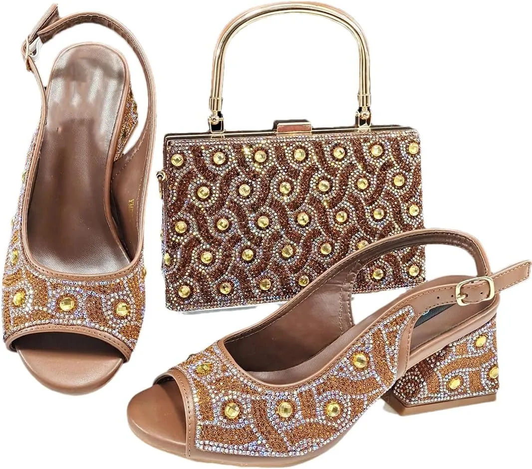 Women’S Rhinestone Open Toe High Heels and Matching Bag Set with Strange Heel Design for Party