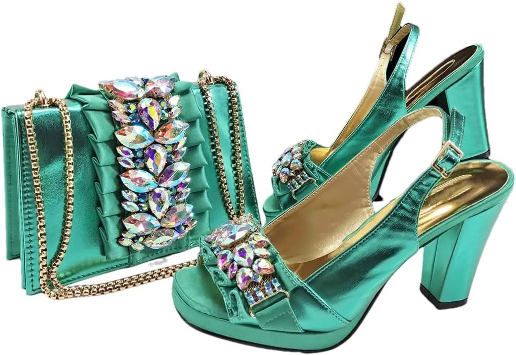 Women’S Royal Blue Platform High Heels and Matching Bag Set with Square Heel for Wedding