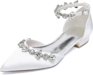 Women's Satin Pointed Toe Flats Comfortable Rhinestones Ankle Straps Wedding Flats for Bride Pump Shoes Evening Party Guest Shoes for Women