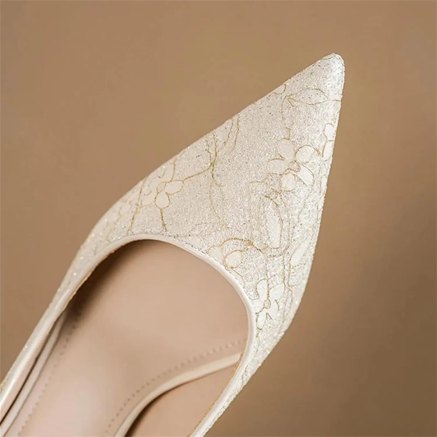 Women's Shiny Sequins High Heels Pumps Closed Toe Lace Crochet Party Wedding Shoes Women Slip-On Pointed Toe Dress Shoes