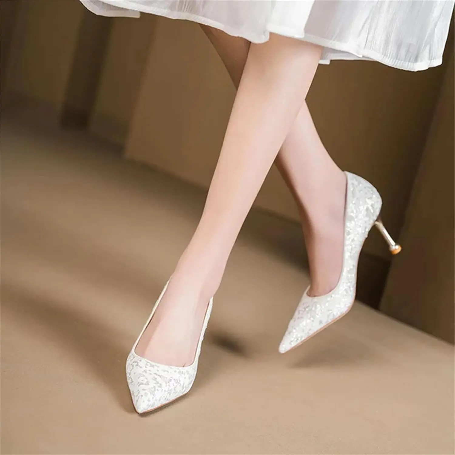 Women's Shiny Sequins High Heels Pumps Closed Toe Lace Crochet Party Wedding Shoes Women Slip-On Pointed Toe Dress Shoes