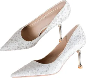 Women's Shiny Sequins High Heels Pumps Closed Toe Lace Crochet Party Wedding Shoes Women Slip-On Pointed Toe Dress Shoes