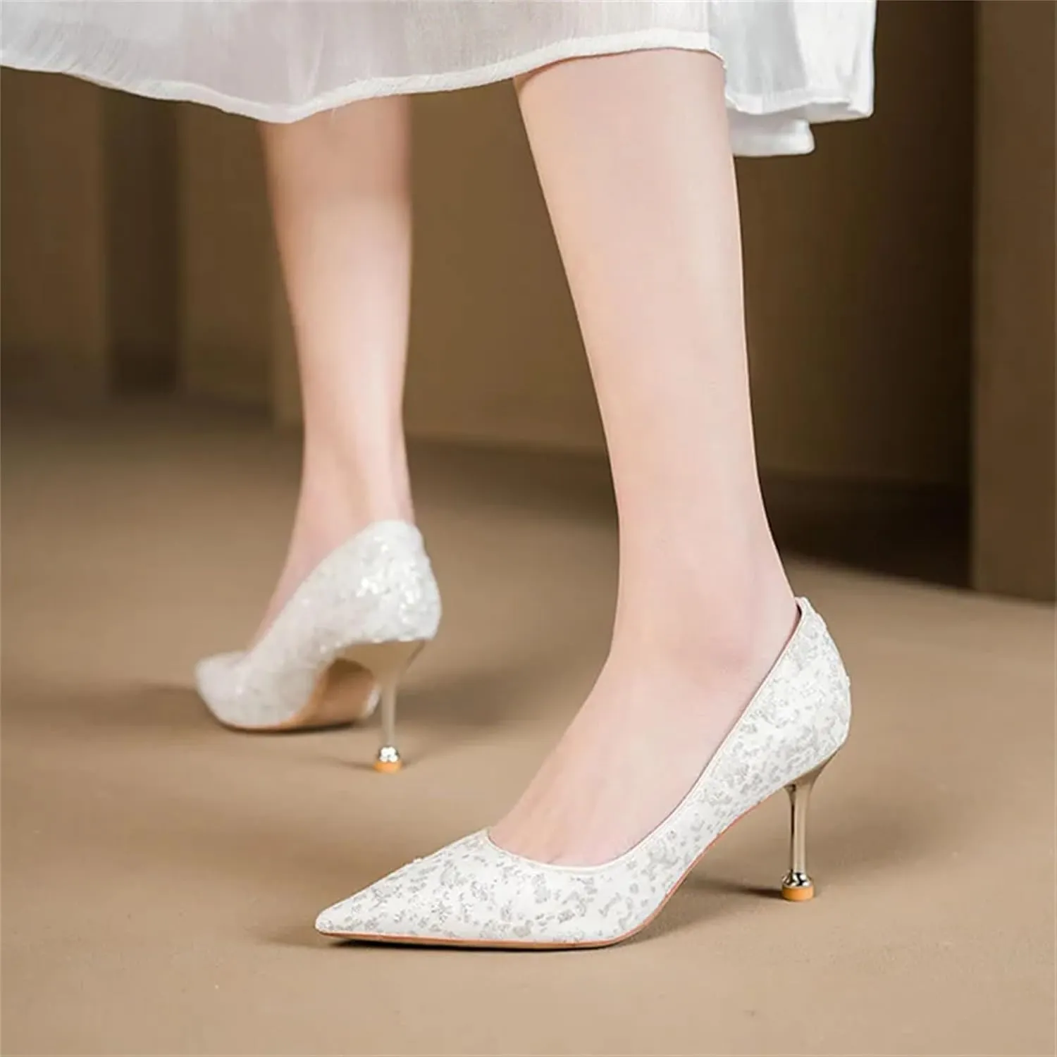 Women's Shiny Sequins High Heels Pumps Closed Toe Lace Crochet Party Wedding Shoes Women Slip-On Pointed Toe Dress Shoes