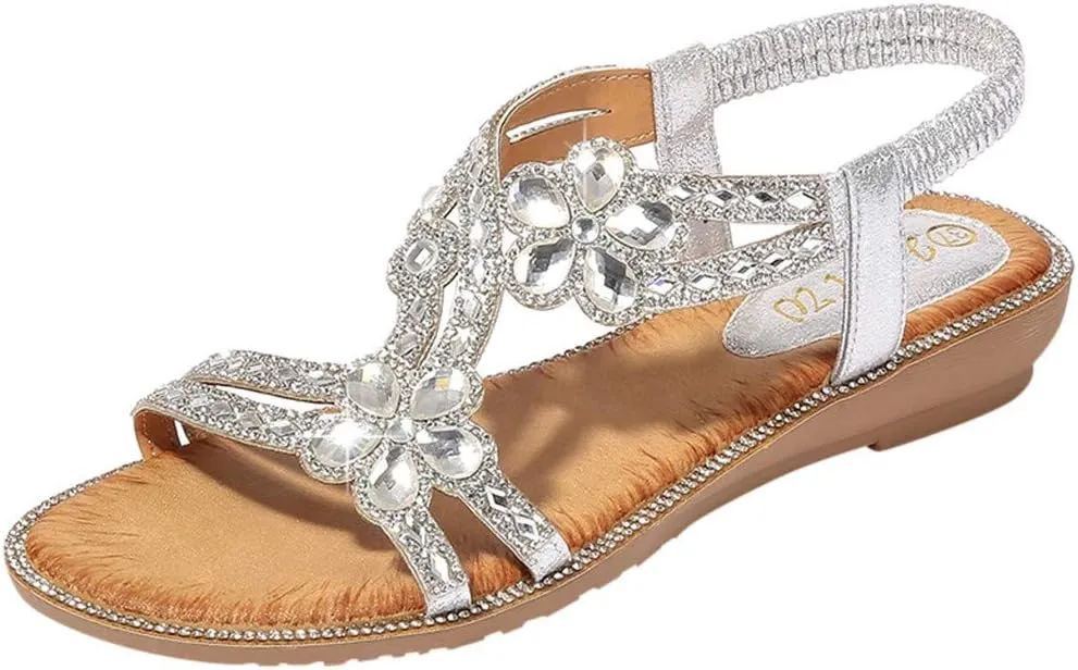 Women's T-Strap Beaded Flower Rhinestone Flat Sandals Dress Beach Shoes Elastic Ankle Strap Low Heel Slides