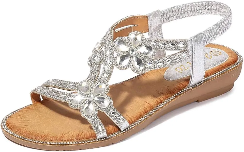 Women's T-Strap Beaded Flower Rhinestone Flat Sandals Dress Beach Shoes Elastic Ankle Strap Low Heel Slides