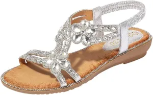 Women's T-Strap Beaded Flower Rhinestone Flat Sandals Dress Beach Shoes Elastic Ankle Strap Low Heel Slides