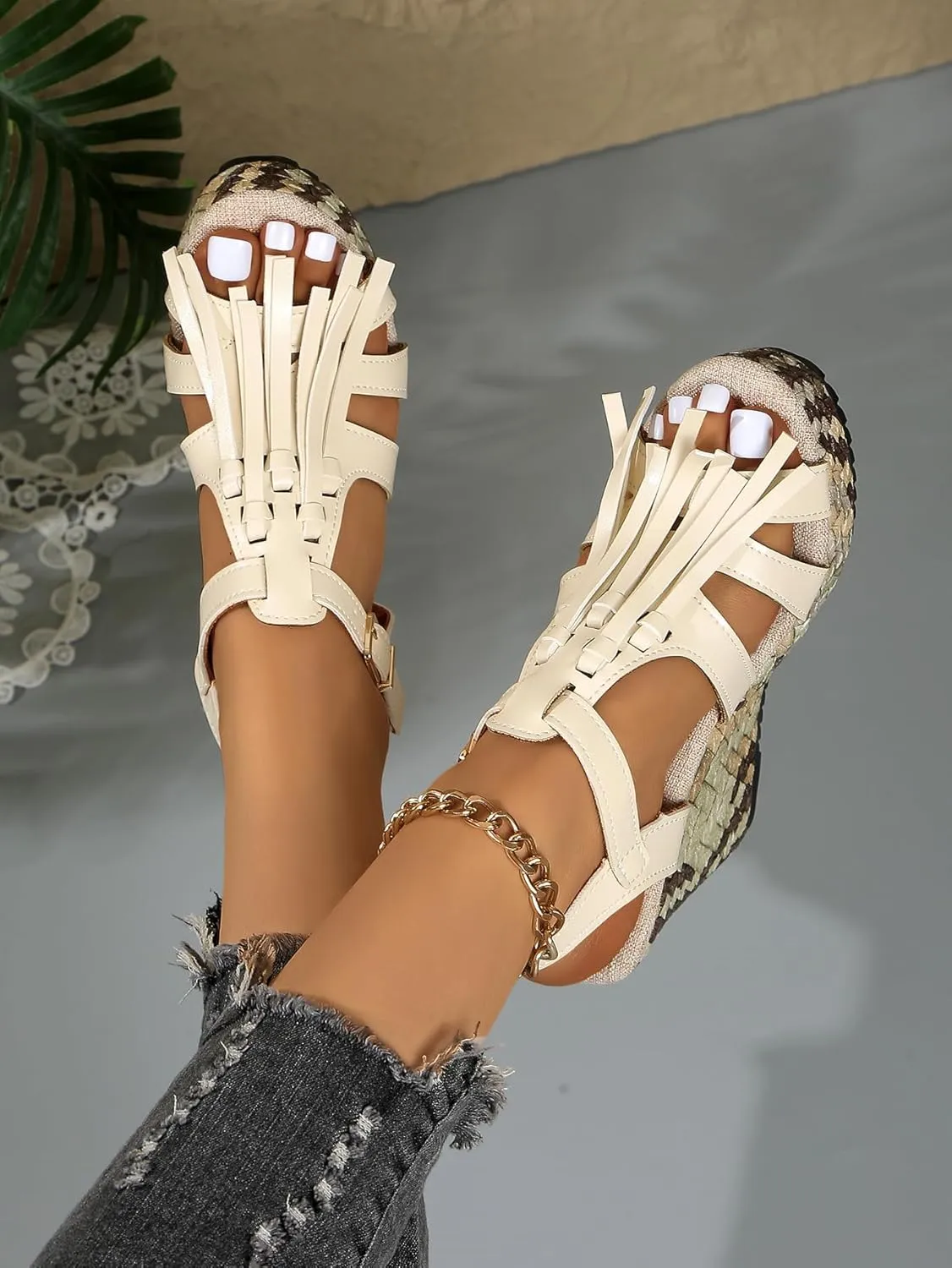 Women's White Lace-Up Wedge Sandals with Peep Toe and Woven Heel – Stylish Summer Platform Sandals for Vacations, Shopping, and Casual Outfits