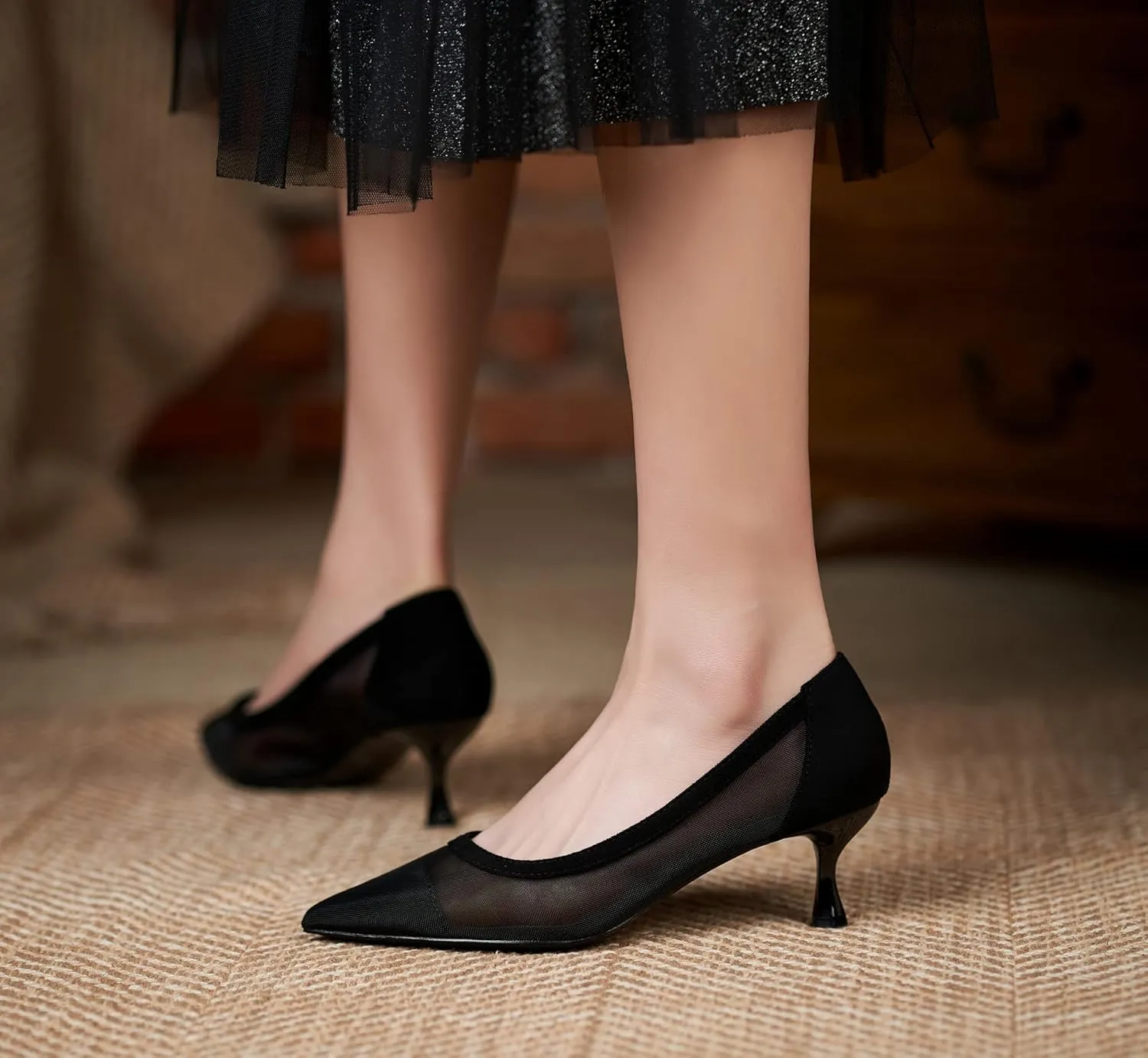 YooPrettyz Women See Through Mesh Sexy High Heels Formal Dressy Pump Shoes Pointed Toe Office Kitten Heels