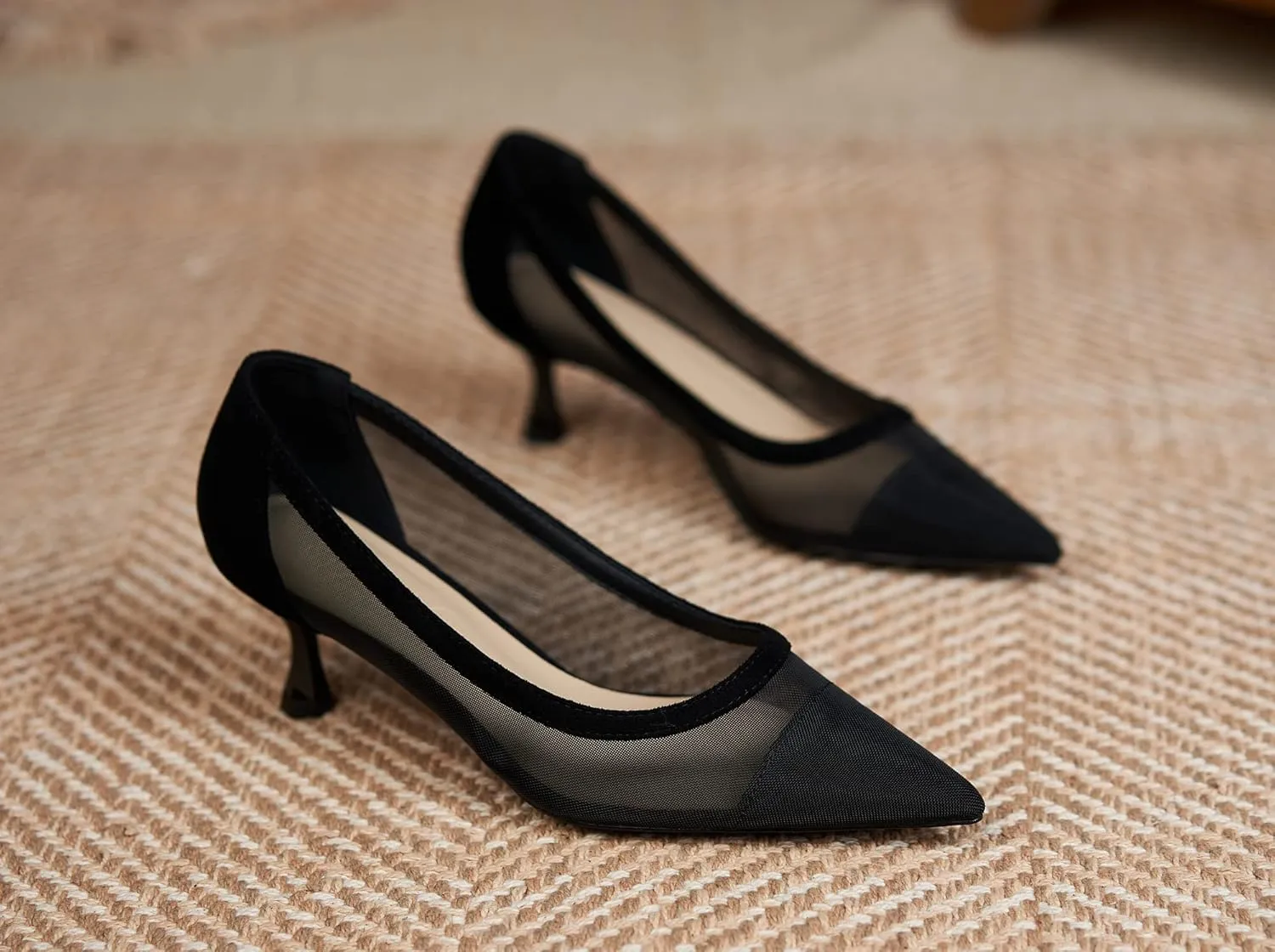 YooPrettyz Women See Through Mesh Sexy High Heels Formal Dressy Pump Shoes Pointed Toe Office Kitten Heels