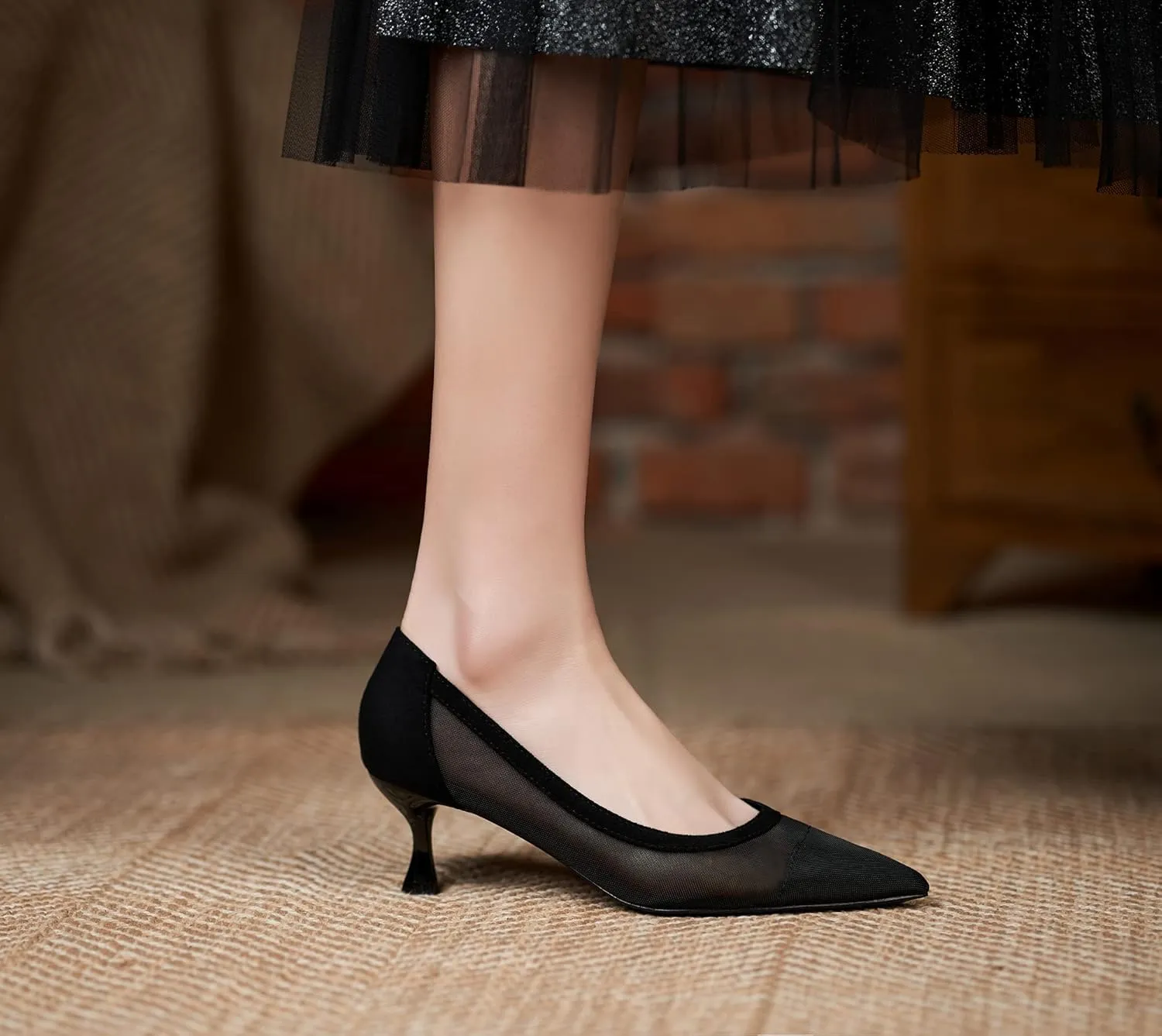 YooPrettyz Women See Through Mesh Sexy High Heels Formal Dressy Pump Shoes Pointed Toe Office Kitten Heels
