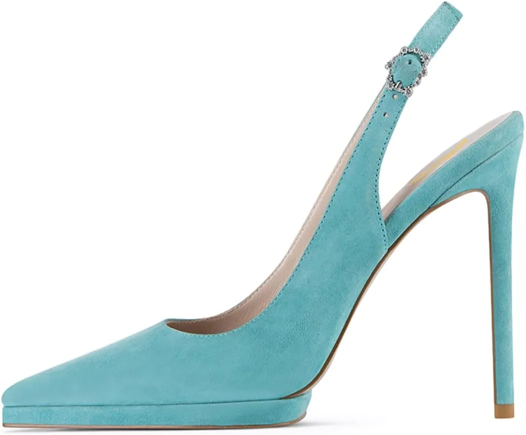 Zszszsu Women's Sexy Pointed Toe Slingback High Heels Elegant Stiletto Platform Pumps Rhinestone Buckled Strap Dress Formal Party Office Shoes Size 4-16 US