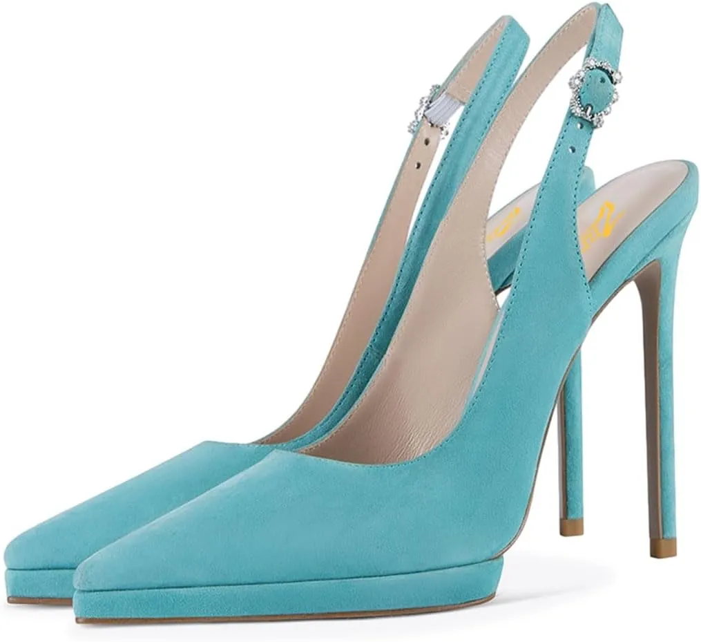 Zszszsu Women's Sexy Pointed Toe Slingback High Heels Elegant Stiletto Platform Pumps Rhinestone Buckled Strap Dress Formal Party Office Shoes Size 4-16 US